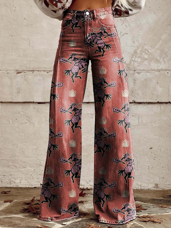 Women's Western Cowboy Print Casual Wide Leg Pants