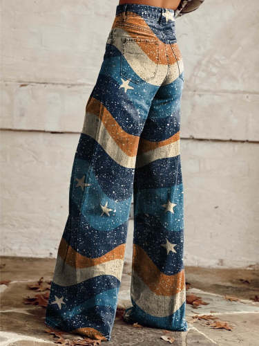 Women's Blue Wavy Stars Print Casual Wide Leg Pants