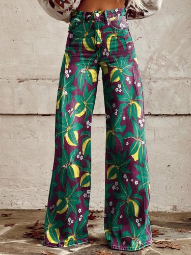 Women's Vintage Stamen Print Casual Wide Leg Pants