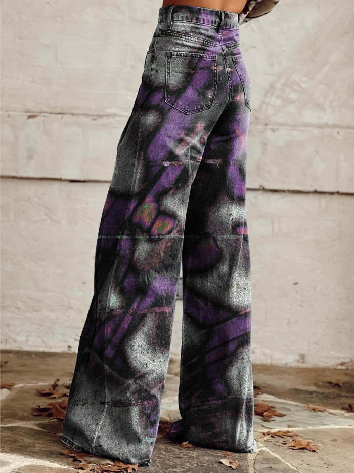 Women's Purple White Noise Print Casual Wide Leg Pants