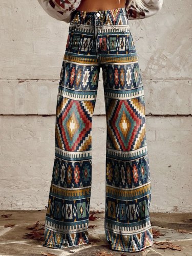 Women's Vintage Geometric Pattern Print Casual Wide Leg Pants