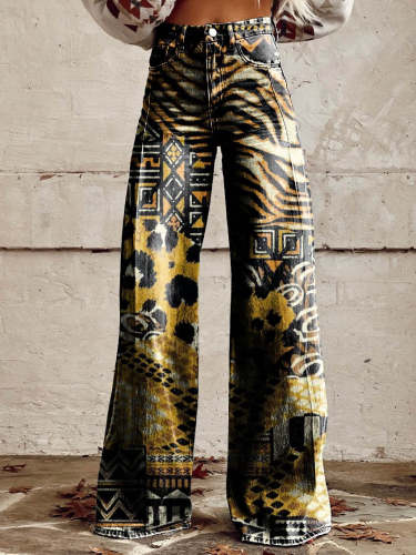 Women's Black and Yellow Print Casual Wide Leg Pants