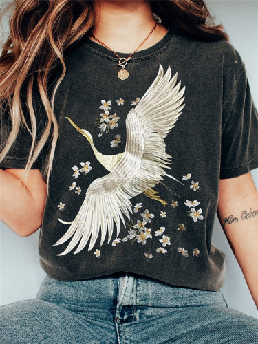 Cranes & Floral Embroidery Art Vintage T Shirt
