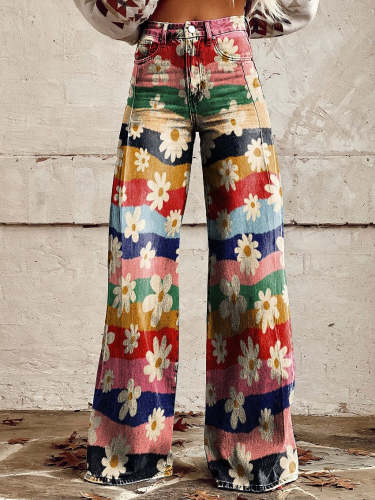 Women's  Vintage Flower Daisy Print Casual Wide Leg Pants