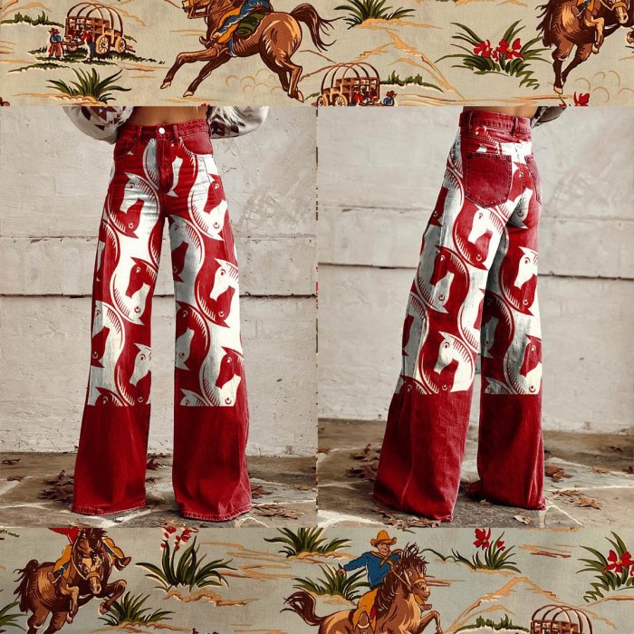 Women's Red Western Print Casual Wide Leg Pants