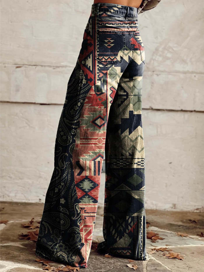 Women's Aztec Collage Print Casual Wide Leg Pants