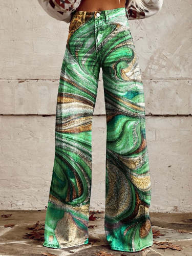 Women's Vintage Green Texture Print Casual Wide Leg Pants