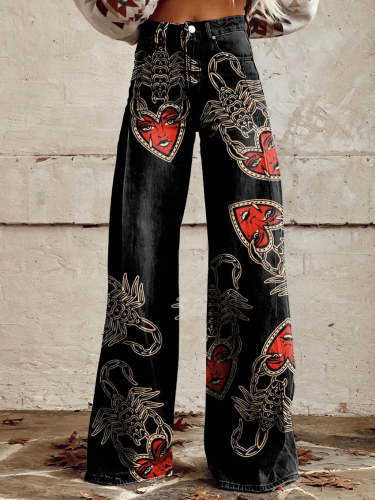 Women's Black Scorpion Heart Print Casual Wide Leg Pants