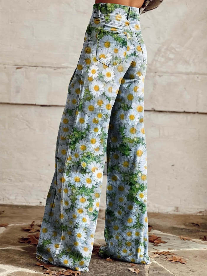 Women's Daisy Print Casual Wide Leg Pants