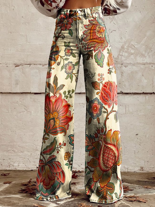 Women's Vintage Wild West Print Casual Wide Leg Pants