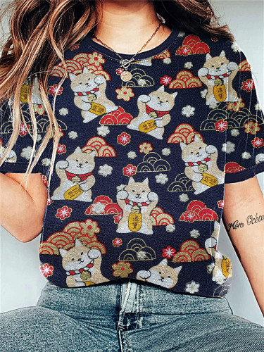 Lucky Cat Traditional Japanese Art Print Vintage T-Shirt