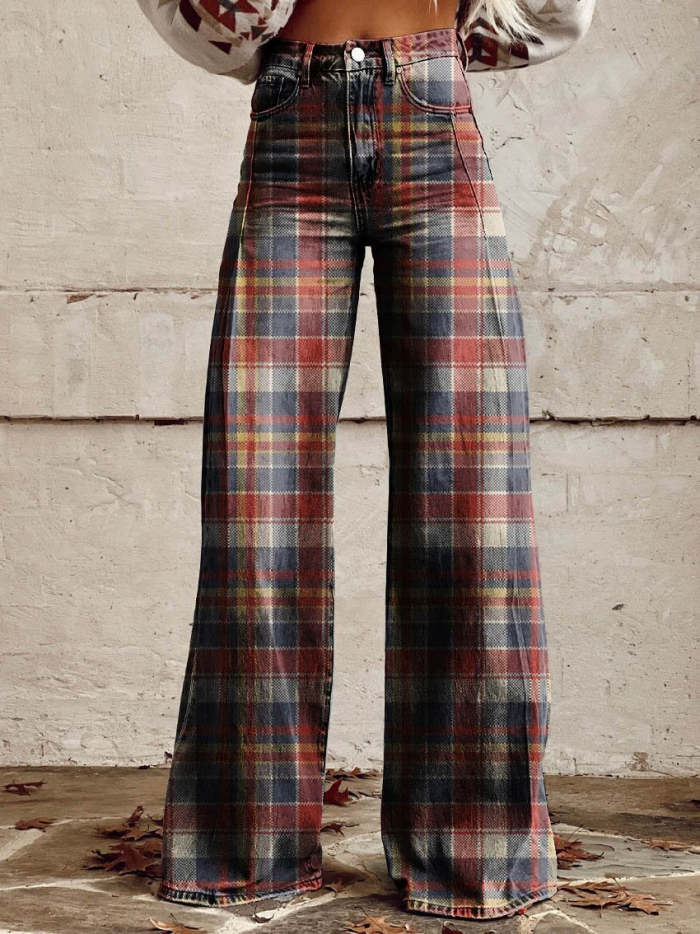 Women's Red and Blue Plaid Print Casual Wide Leg Pants