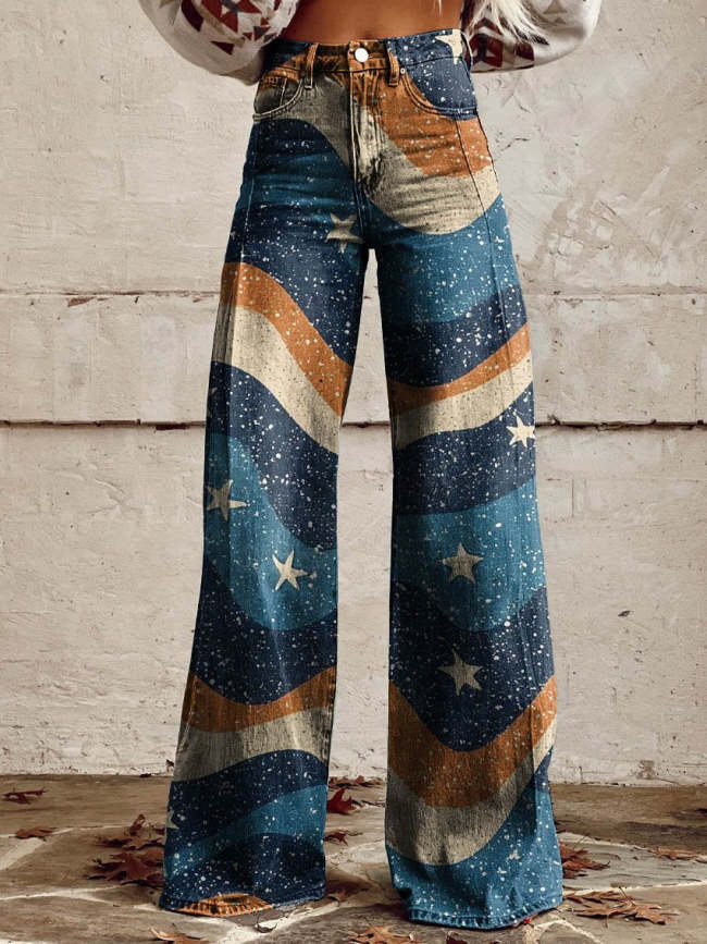 Women's Blue Wavy Stars Print Casual Wide Leg Pants