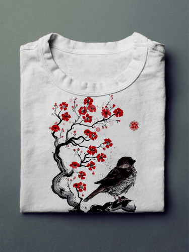 Little Sparrow & Cherry Blossom Sumi-E Art Comfy T Shirt