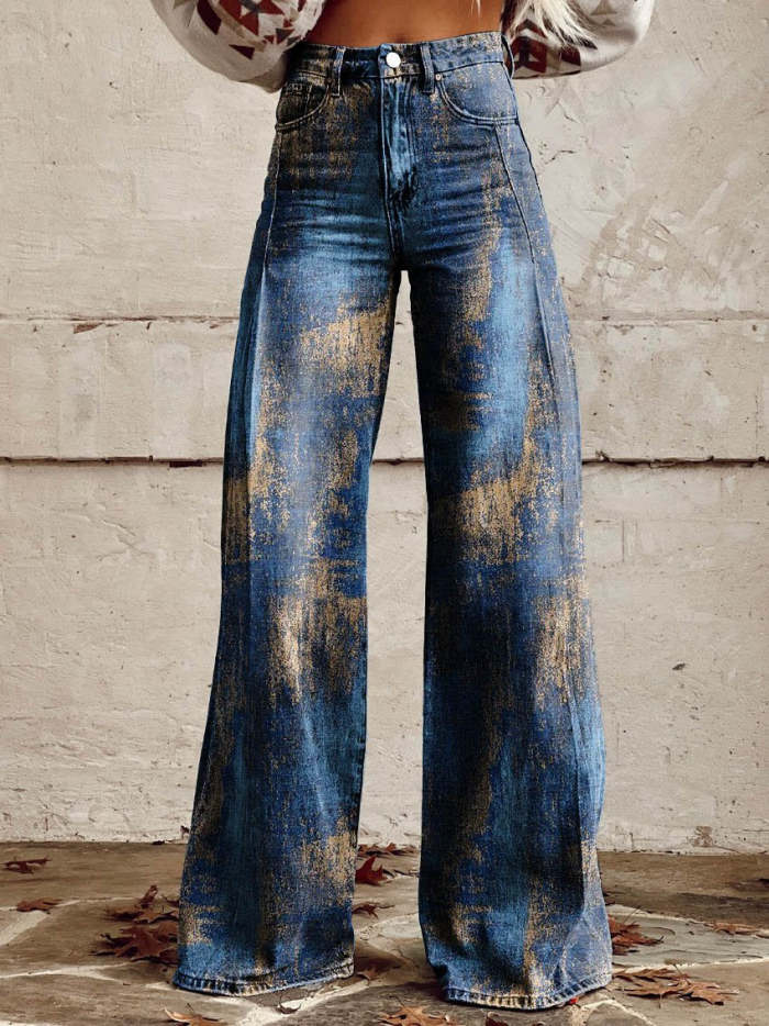 Women's Blue Print Casual Wide Leg Pants