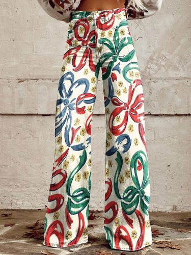 Women's Vintage Stamens Print Casual Wide Leg Pants