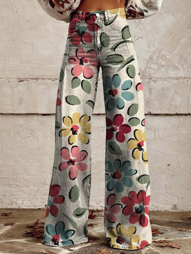 Women's Multicolor Flowers Print Casual Wide Leg Pants
