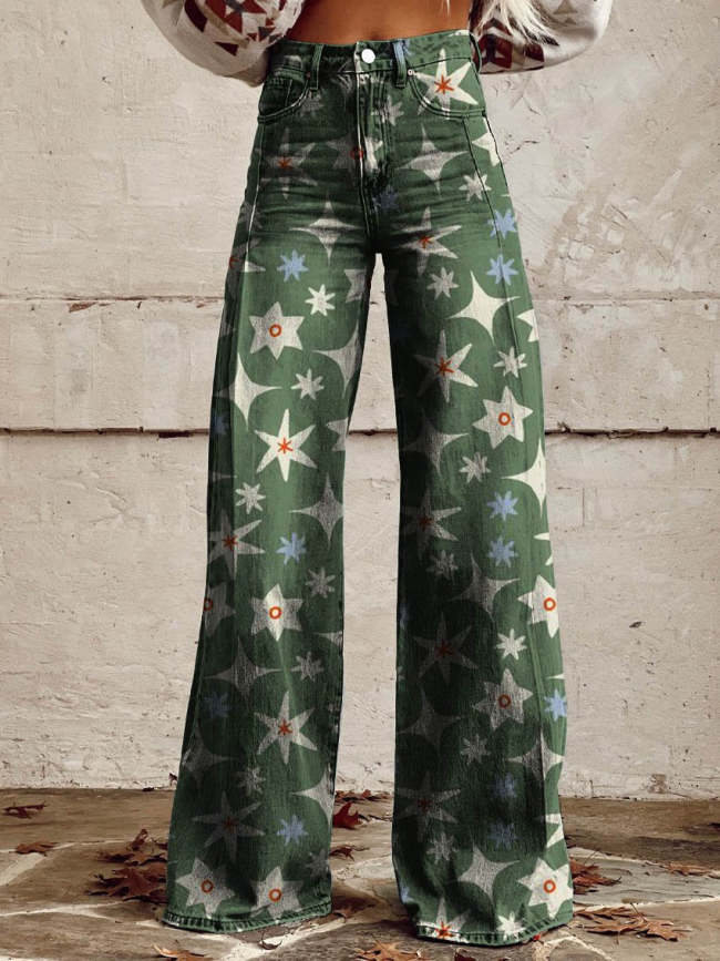 Women's Green Flowers and Stars Print Casual Wide Leg Pants