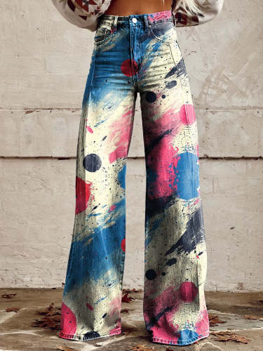 Women's Cotton Candy Blue Pop Art Print Casual Wide Leg Pants