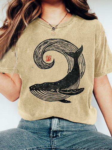Humpback Whale Japanese Lino Art Vintage T SHirt