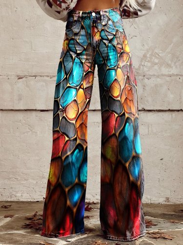 Women's Abstract Colorful Broken Texture Print Casual Wide Leg Pants