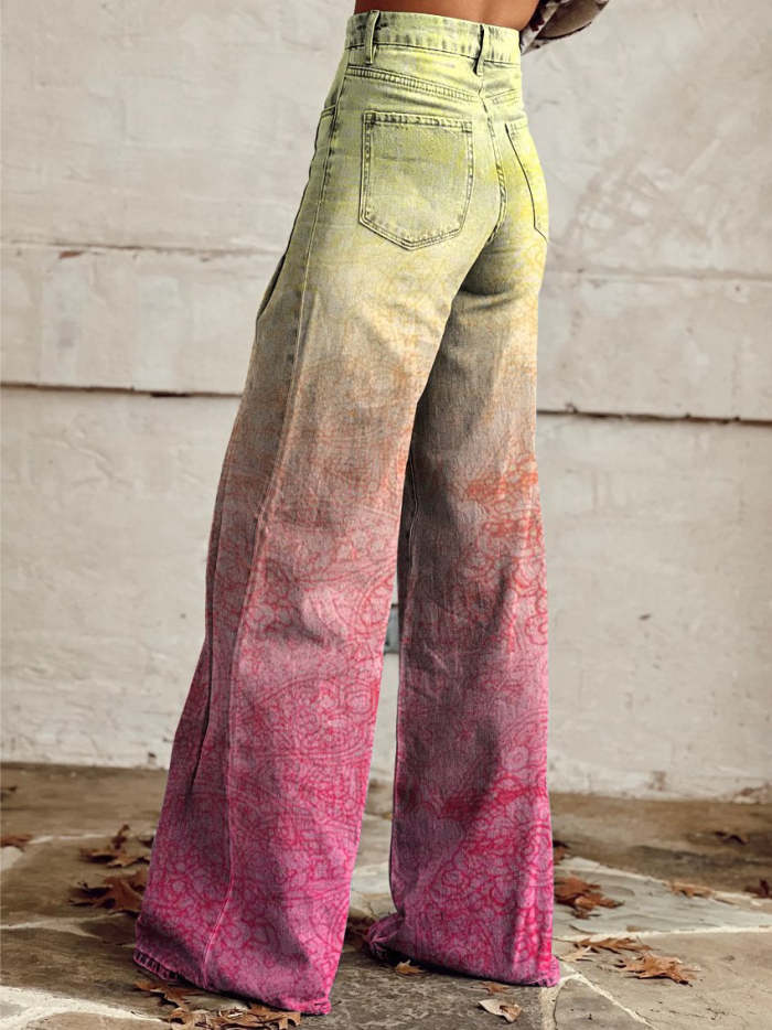 Women's Vintage Gradient Color Print Casual Wide Leg Pants