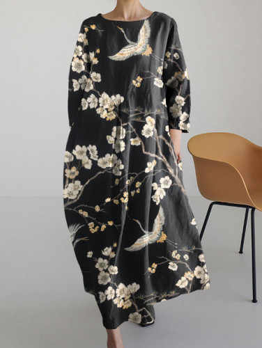 Women's Retro Japanese Floral Round Neck Long Sleeve Dress
