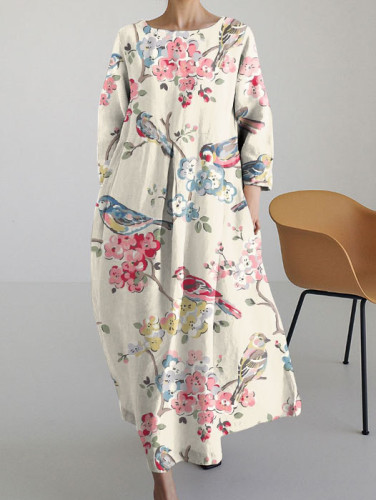Women's Retro Floral Bird Round Neck Long Sleeve Dress