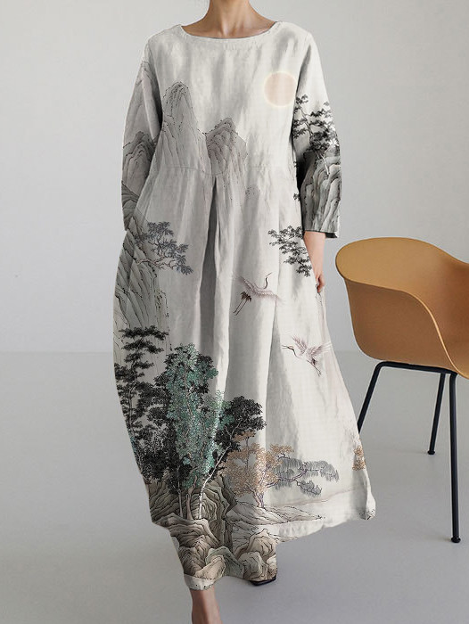 Women's Japanese Landscape Painting Round Neck Long Sleeve Dress