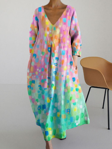 Casual Art Color Block Loose V-neck Long-sleeved Dress