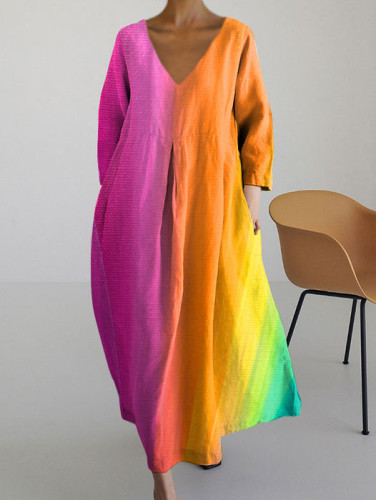 Casual Colorful Loose V-neck Long-sleeved Dress