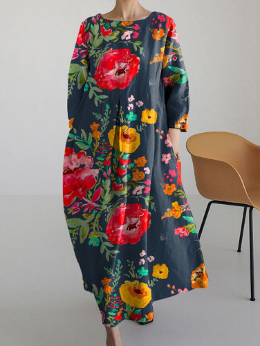 Casual Pastoral Floral Loose Long-sleeved Dress