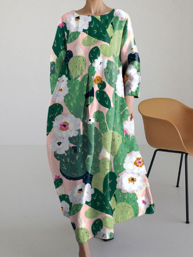 Casual Pastoral Plant Pattern Loose Long-sleeved Dress