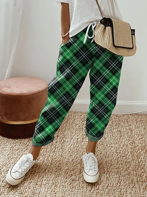 Women's Plaid Pattern Print Drawstring Casual Sweatpants