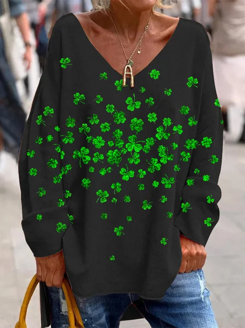 Women's St Patrick's Day Four Leaf Clover Print Long Sleeve Top
