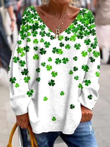 Women's St Patrick's Day Clover Print V Neck Long Sleeve Tee