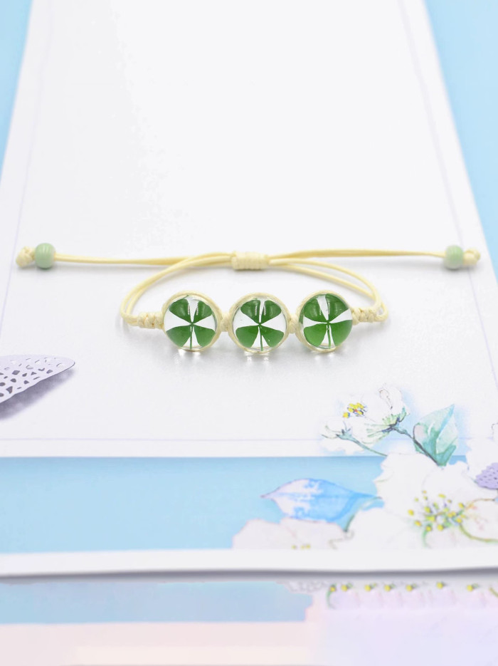 Women's St Patrick's Day Lucky Four Leaf Clover Bead Bracelet