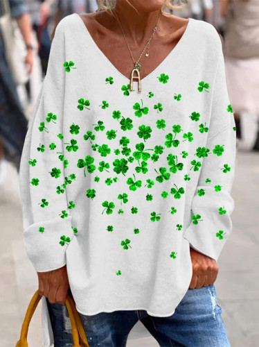 Women's St Patrick's Day Four Leaf Clover Print Long Sleeve Top