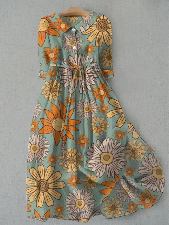 Vintage Floral Print Tie Loose Dress
