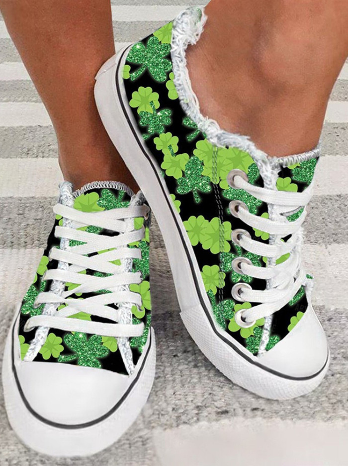 Women's St Patrick's Day Shamrock Print Raw Trim Lace Up Sneakers