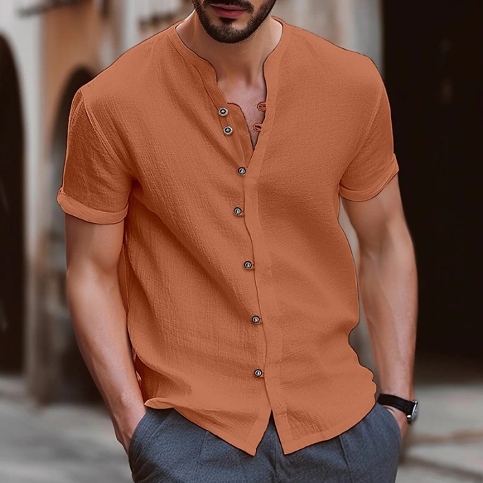 Men's Vintage Button Cotton Linen Short Sleeve Shirt