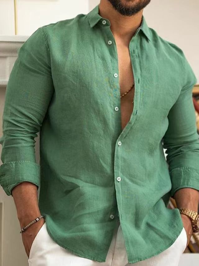Men's Casual Cotton Linen Solid Color Shirt