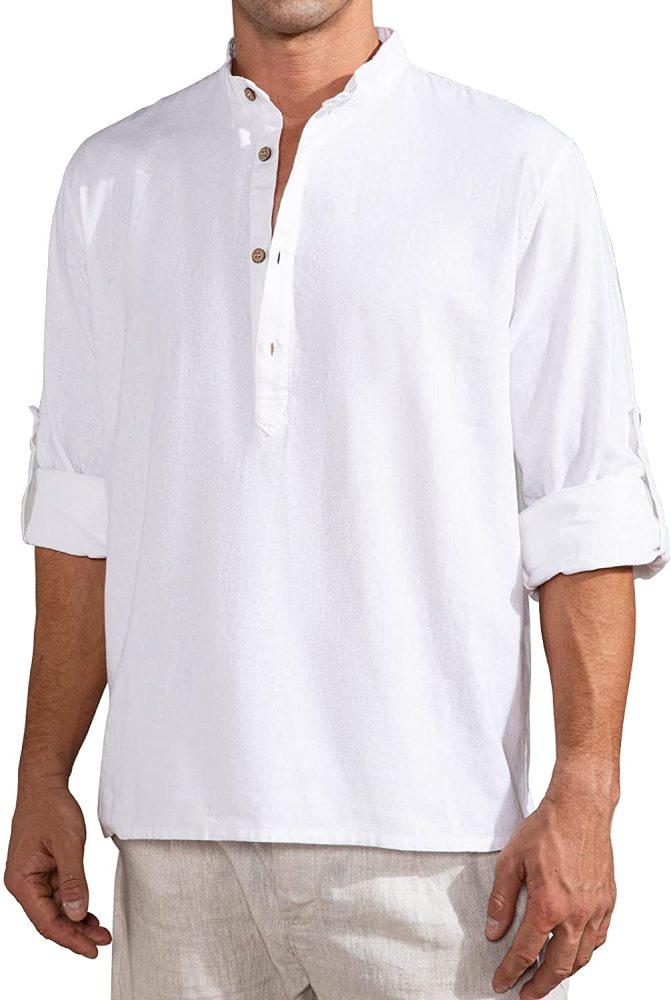 Men's Linen Henley Shirt Roll-Up Long Sleeve Plus Size Summer Shirts