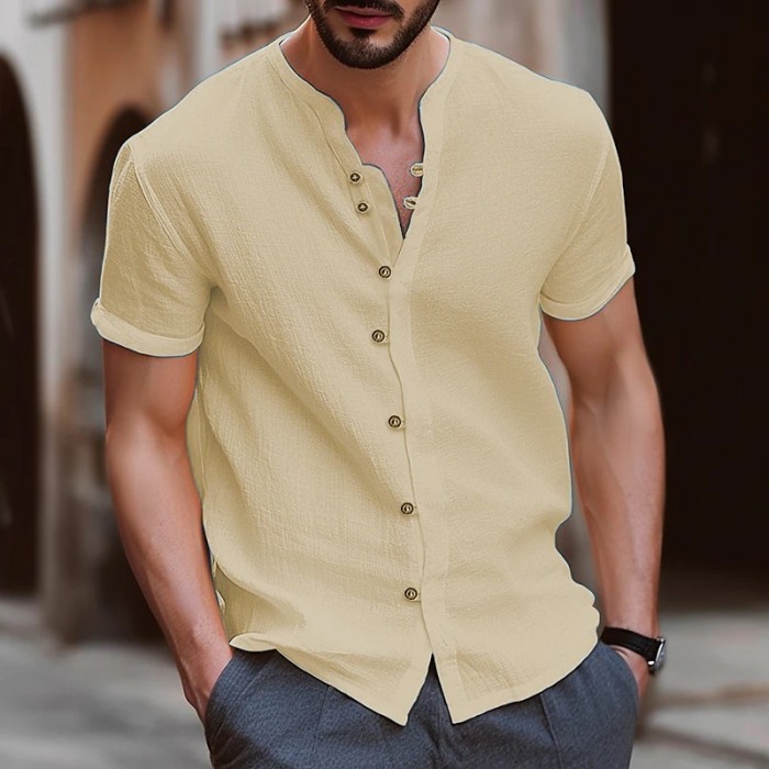 Men's Vintage Button Cotton Linen Short Sleeve Shirt
