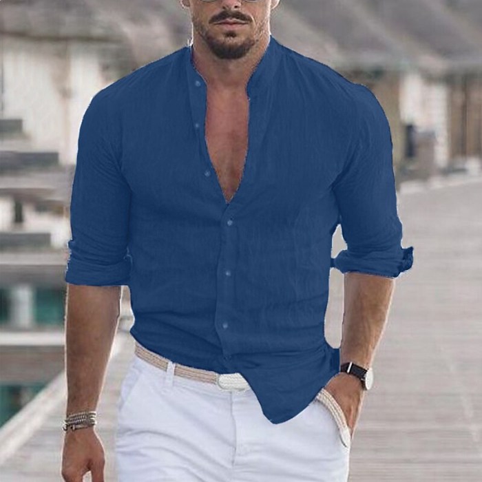 Men's Linen Shirt Shirt Summer Shirt Beach Shirt Collar Long Sleeve
