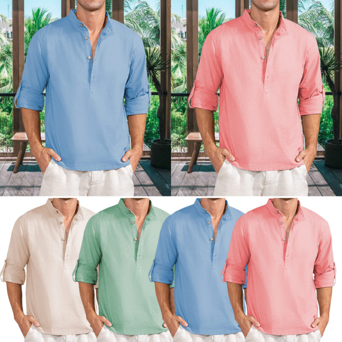Men's Linen Henley Shirt Roll-Up Long Sleeve Plus Size Summer Shirts