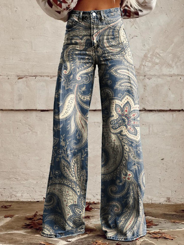 Women's Vintage Paisley Print Casual Wide Leg Pants