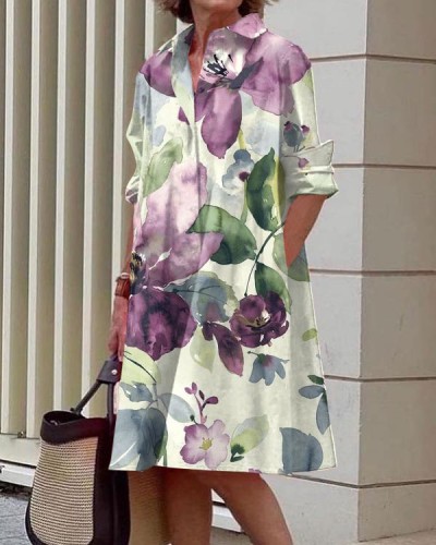 Casual Floral Print Long-sleeve Shirt Collar Dress