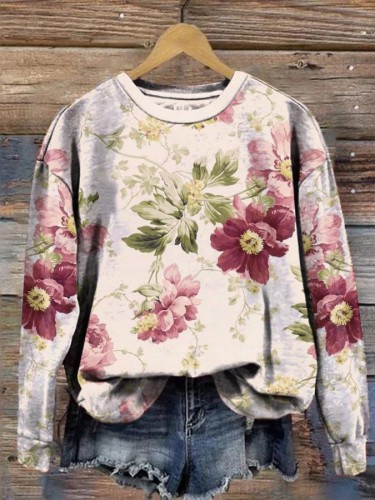Retro Floral Print Loose Crew Neck Sweatshirt