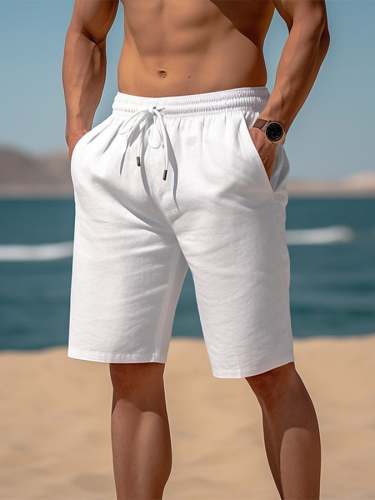 Men's Solid Color Resort Casual Lace-Up Elastic Waist Shorts